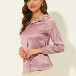 Allegra K Women's Satin Peter Pan Collar Shirt Office Elegant Top Work Blouse