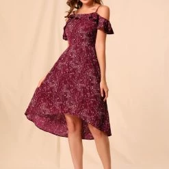 Allegra K Spaghatti Straps Ruffled Sleeves Asymmetrical Floral Dress