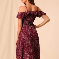 Allegra K Spaghatti Straps Ruffled Sleeves Asymmetrical Floral Dress