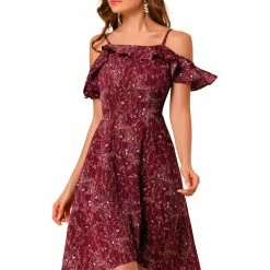 Allegra K Spaghatti Straps Ruffled Sleeves Asymmetrical Floral Dress