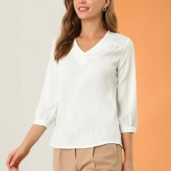 Allegra K Women's Satin Blouse Casual Solid 3/4 Sleeve V Neck Top Shirts