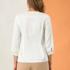 Allegra K Women's Satin Blouse Casual Solid 3/4 Sleeve V Neck Top Shirts