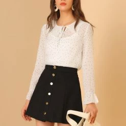 Allegra K Women's Chiffon Top Lace Ruffled Tie Neck Polka Dots Bell Sleeve Blouse 11 Allegra K Women's Chiffon Top Lace Ruffled Tie Neck Polka Dots Bell Sleeve Blouse