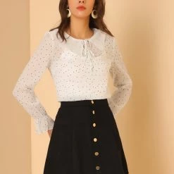 Allegra K Women's Chiffon Top Lace Ruffled Tie Neck Polka Dots Bell Sleeve Blouse 12 Allegra K Women's Chiffon Top Lace Ruffled Tie Neck Polka Dots Bell Sleeve Blouse