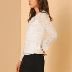 Allegra K Women's Chiffon Top Lace Ruffled Tie Neck Polka Dots Bell Sleeve Blouse 13 Allegra K Women's Chiffon Top Lace Ruffled Tie Neck Polka Dots Bell Sleeve Blouse