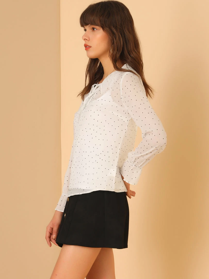 Allegra K Women's Chiffon Top Lace Ruffled Tie Neck Polka Dots Bell Sleeve Blouse 7 Allegra K Women's Chiffon Top Lace Ruffled Tie Neck Polka Dots Bell Sleeve Blouse