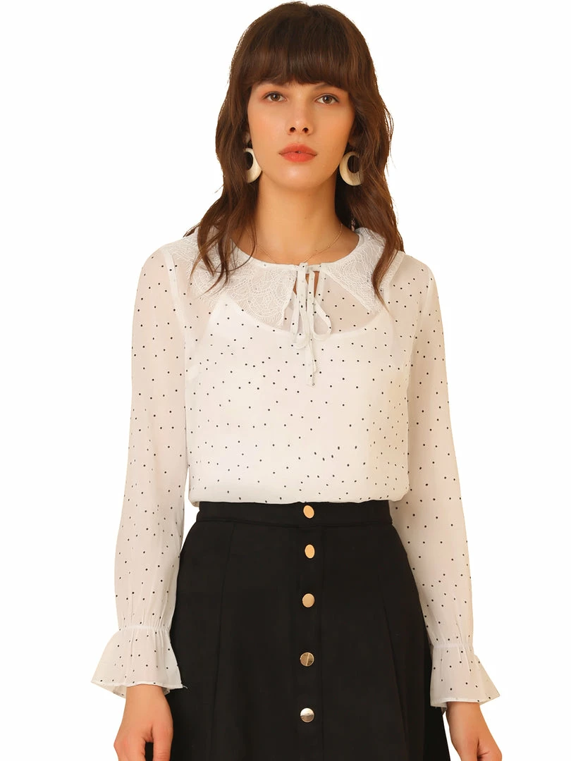 Allegra K Women's Chiffon Top Lace Ruffled Tie Neck Polka Dots Bell Sleeve Blouse 4 Allegra K Women's Chiffon Top Lace Ruffled Tie Neck Polka Dots Bell Sleeve Blouse