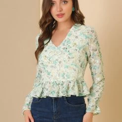 Allegra K Women's V Neck Ditsy Floral Ruffle Long Sleeve Peplum Top