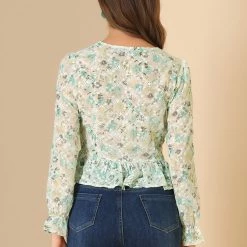 Allegra K Women's V Neck Ditsy Floral Ruffle Long Sleeve Peplum Top