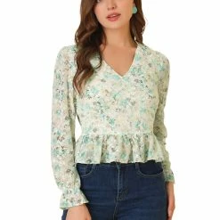 Allegra K Women's V Neck Ditsy Floral Ruffle Long Sleeve Peplum Top