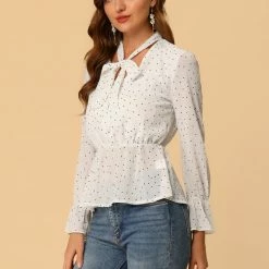 Allegra K Women's Dots Peplum Shirt Ruffle Cuff Semi Sheer Bow Tie Neck Blouse