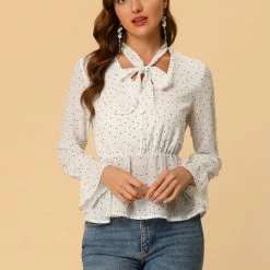 Allegra K Women's Dots Peplum Shirt Ruffle Cuff Semi Sheer Bow Tie Neck Blouse