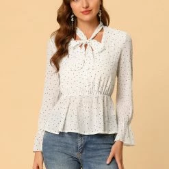 Allegra K Women's Dots Peplum Shirt Ruffle Cuff Semi Sheer Bow Tie Neck Blouse