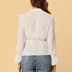 Allegra K Women's Dots Peplum Shirt Ruffle Cuff Semi Sheer Bow Tie Neck Blouse