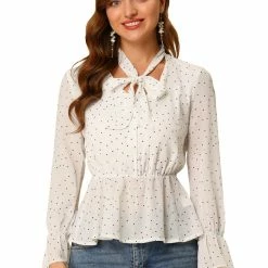 Allegra K Women's Dots Peplum Shirt Ruffle Cuff Semi Sheer Bow Tie Neck Blouse