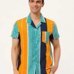 Allegra K Men's Hawaiian Beach Shirts Short Sleeve Button Down Summer Color Block Printed Shirt