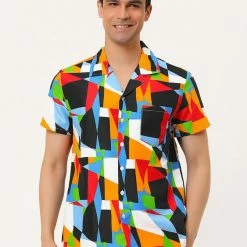 Allegra K Men's Hawaiian Beach Shirts Short Sleeve Button Down Summer Color Block Printed Shirt