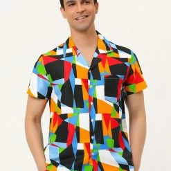 Allegra K Men's Hawaiian Beach Shirts Short Sleeve Button Down Summer Color Block Printed Shirt