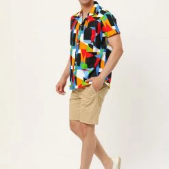 Allegra K Men's Hawaiian Beach Shirts Short Sleeve Button Down Summer Color Block Printed Shirt