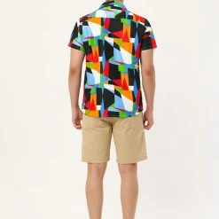Allegra K Men's Hawaiian Beach Shirts Short Sleeve Button Down Summer Color Block Printed Shirt