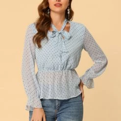 Allegra K Women's Dots Peplum Shirt Ruffle Cuff Semi Sheer Bow Tie Neck Blouse