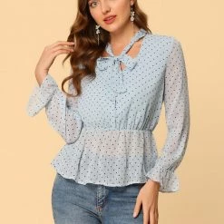 Allegra K Women's Dots Peplum Shirt Ruffle Cuff Semi Sheer Bow Tie Neck Blouse