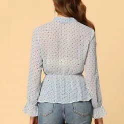 Allegra K Women's Dots Peplum Shirt Ruffle Cuff Semi Sheer Bow Tie Neck Blouse