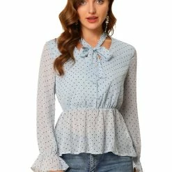 Allegra K Women's Dots Peplum Shirt Ruffle Cuff Semi Sheer Bow Tie Neck Blouse
