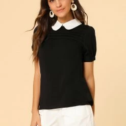 Allegra K Women's Peter Pan Collar Contrast Puff Short Sleeve Casual Blouse Top