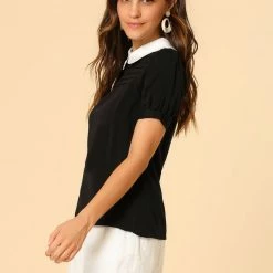 Allegra K Women's Peter Pan Collar Contrast Puff Short Sleeve Casual Blouse Top