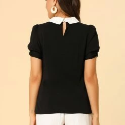 Allegra K Women's Peter Pan Collar Contrast Puff Short Sleeve Casual Blouse Top