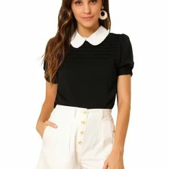 Allegra K Women's Peter Pan Collar Contrast Puff Short Sleeve Casual Blouse Top