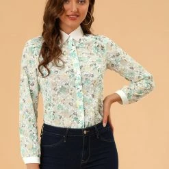 Allegra K Women's Contrast Collar Shirt Chiffon Vintage Lace Embroidered Floral Blouse