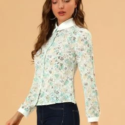 Allegra K Women's Contrast Collar Shirt Chiffon Vintage Lace Embroidered Floral Blouse
