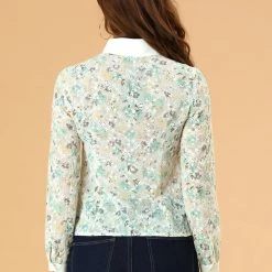 Allegra K Women's Contrast Collar Shirt Chiffon Vintage Lace Embroidered Floral Blouse