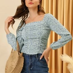 Allegra K Women's Ditsy Floral Peasant Milkmaid Ruched Blouse