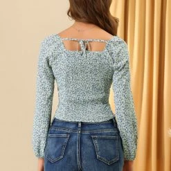 Allegra K Women's Ditsy Floral Peasant Milkmaid Ruched Blouse