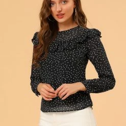 Allegra K Women's Dots Chiffon Top Elegant Crew Neck Ruffle Blouse 11 Allegra K Women's Dots Chiffon Top Elegant Crew Neck Ruffle Blouse