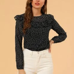 Allegra K Women's Dots Chiffon Top Elegant Crew Neck Ruffle Blouse 12 Allegra K Women's Dots Chiffon Top Elegant Crew Neck Ruffle Blouse