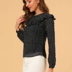 Allegra K Women's Dots Chiffon Top Elegant Crew Neck Ruffle Blouse 13 Allegra K Women's Dots Chiffon Top Elegant Crew Neck Ruffle Blouse