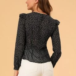 Allegra K Women's Dots Chiffon Top Elegant Crew Neck Ruffle Blouse 14 Allegra K Women's Dots Chiffon Top Elegant Crew Neck Ruffle Blouse