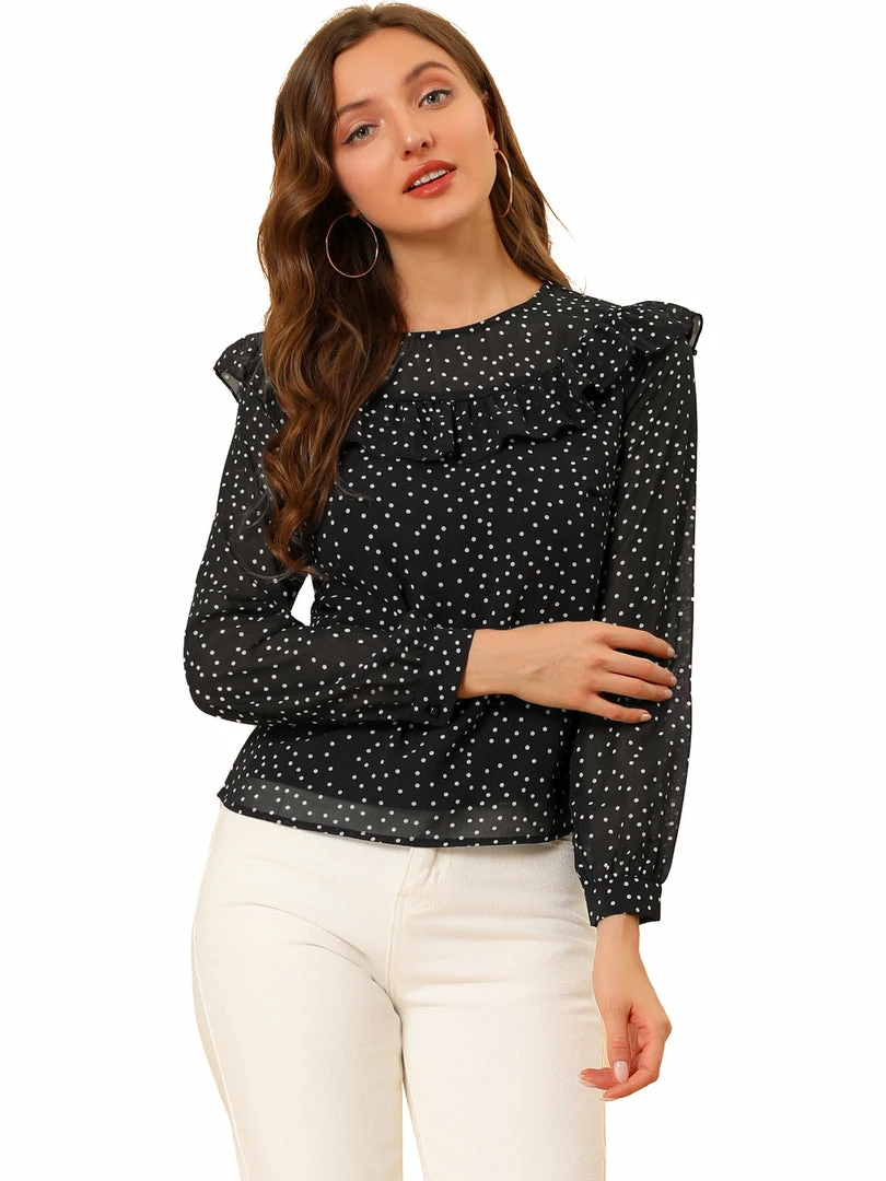 Allegra K Women's Dots Chiffon Top Elegant Crew Neck Ruffle Blouse 4 Allegra K Women's Dots Chiffon Top Elegant Crew Neck Ruffle Blouse