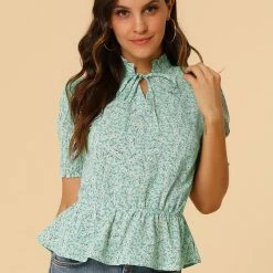 Allegra K Women's Ruffle Neck Tie Front Smocked Floral Peplum Top 23 Allegra K Women's Ruffle Neck Tie Front Smocked Floral Peplum Top