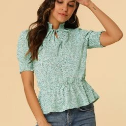 Allegra K Women's Ruffle Neck Tie Front Smocked Floral Peplum Top 24 Allegra K Women's Ruffle Neck Tie Front Smocked Floral Peplum Top