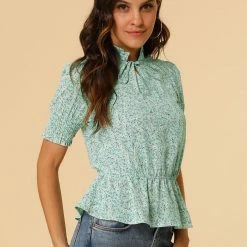 Allegra K Women's Ruffle Neck Tie Front Smocked Floral Peplum Top 25 Allegra K Women's Ruffle Neck Tie Front Smocked Floral Peplum Top