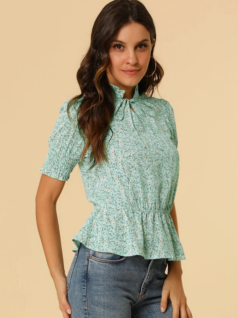 Allegra K Women's Ruffle Neck Tie Front Smocked Floral Peplum Top 13 Allegra K Women's Ruffle Neck Tie Front Smocked Floral Peplum Top