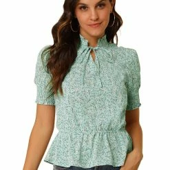Allegra K Women's Ruffle Neck Tie Front Smocked Floral Peplum Top 22 Allegra K Women's Ruffle Neck Tie Front Smocked Floral Peplum Top