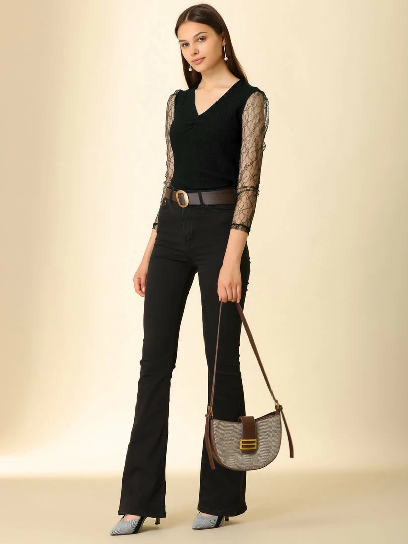 Allegra K Women's Semi Sheer Lace Panel V Neck Casual Long Sleeve Blouse 5 Allegra K Women's Semi Sheer Lace Panel V Neck Casual Long Sleeve Blouse