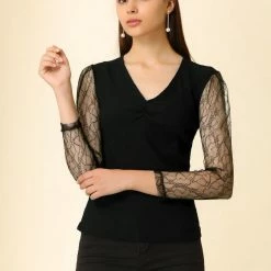 Allegra K Women's Semi Sheer Lace Panel V Neck Casual Long Sleeve Blouse 12 Allegra K Women's Semi Sheer Lace Panel V Neck Casual Long Sleeve Blouse