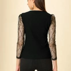 Allegra K Women's Semi Sheer Lace Panel V Neck Casual Long Sleeve Blouse 14 Allegra K Women's Semi Sheer Lace Panel V Neck Casual Long Sleeve Blouse